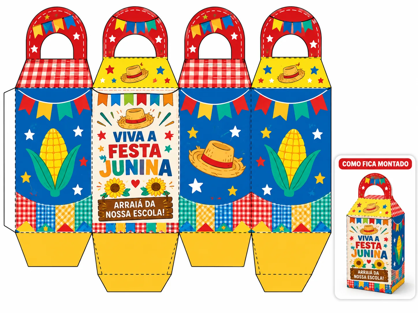 Molde imprimível para Festa Junina com pequena demonstração de como fica montado