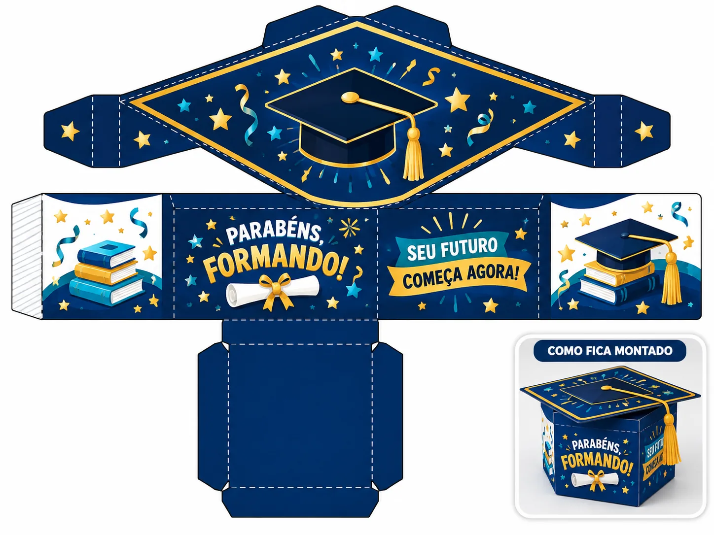 Molde imprimível para formatura com pequena demonstração de como fica montado