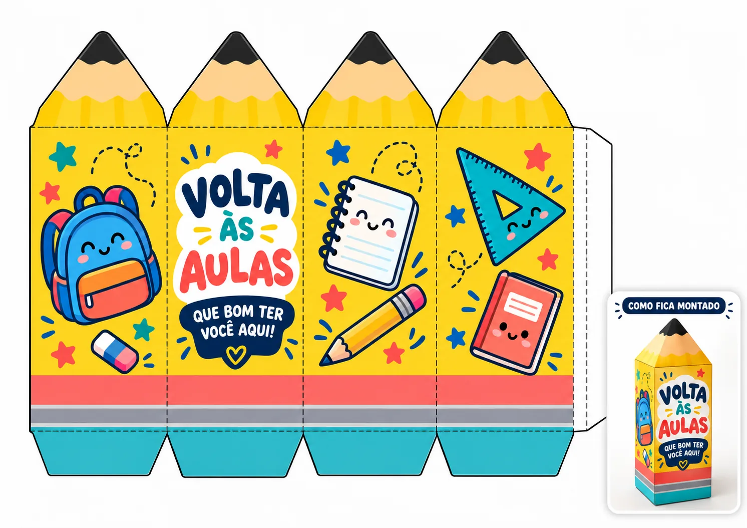 Molde imprimível de Volta às Aulas com pequena demonstração de como fica montado
